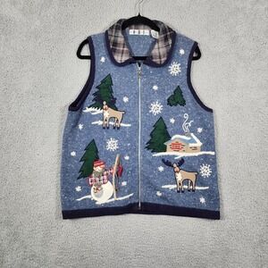 VTG OHI Embroidered Knit Sweater Vest Womens L Blue Winter Scenes Angora Blend